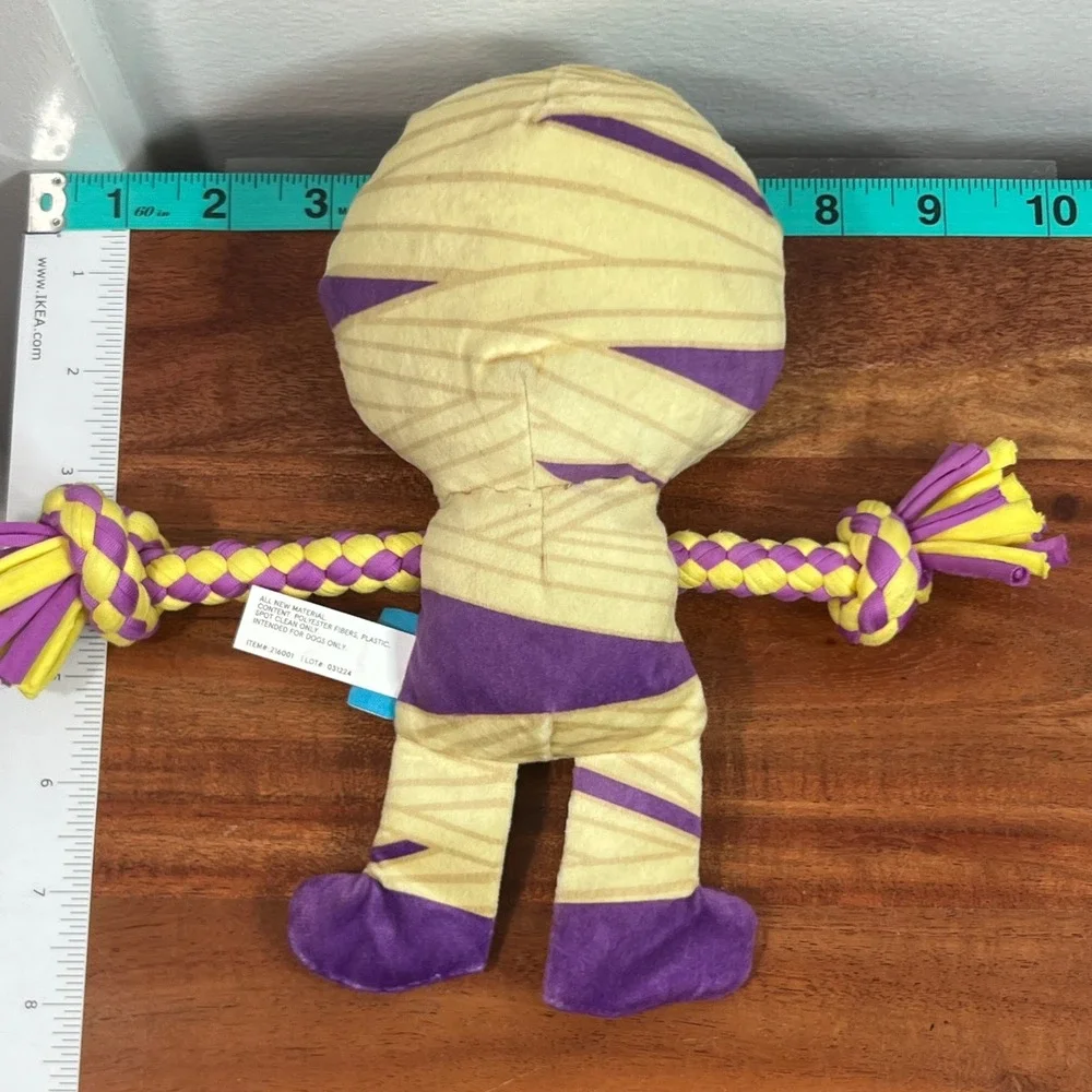 BarkBox Halloween Mummy Dog Toy Purple Yellow Braided Rope Crinkle Plush 216001